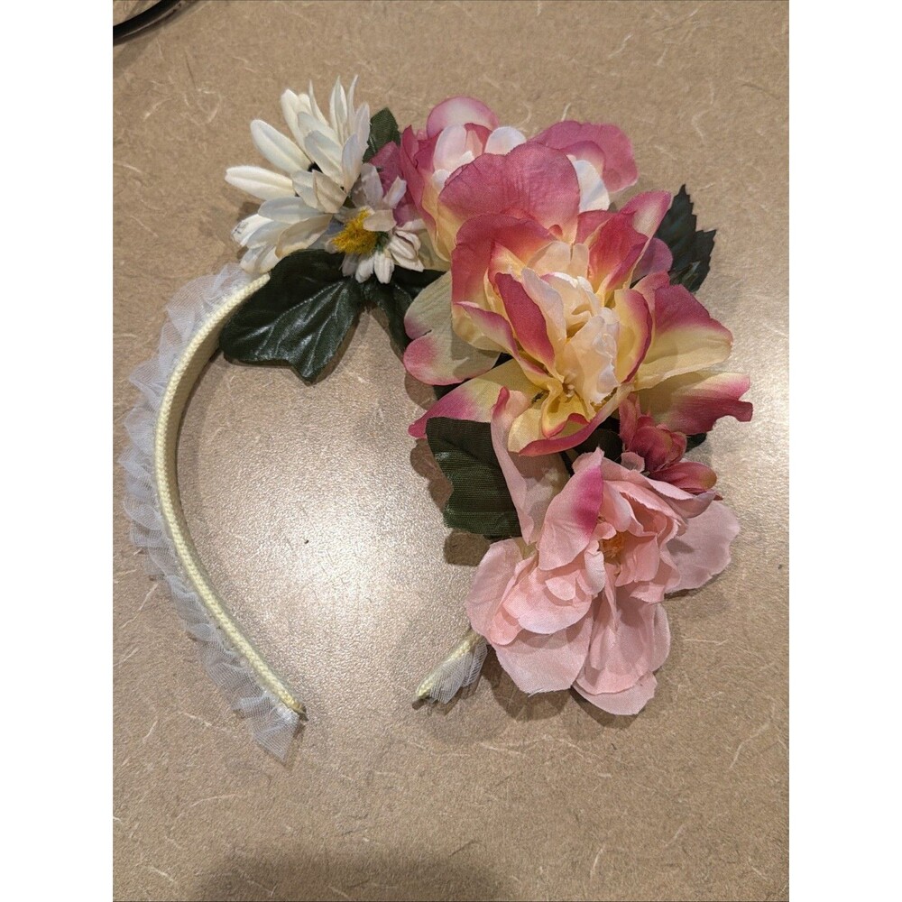Girls Women Hairband Headband Accessory Silk Flowers Cream White Pink Green
